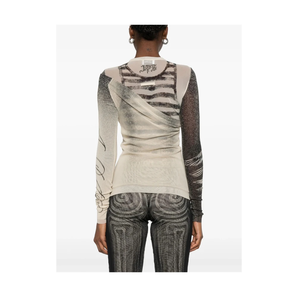 Jean Paul Gaultier Ecru Crew Neck Sweater met Gedrapeerd Detail Multicolor Dames