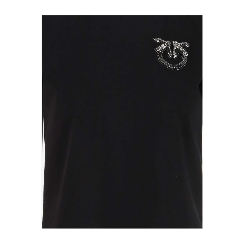 pinko Love Birds Geborduurd Katoenen T-shirt Black Dames