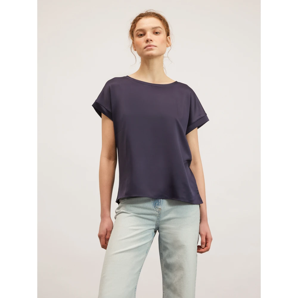 Motivi Satin Front T-Shirt met Kimono Mouwen Blue Dames