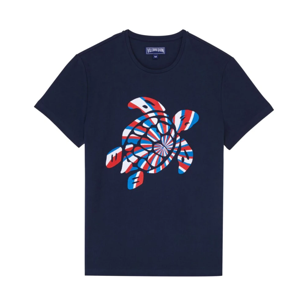 Vilebrequin Schildpad Geborduurd Katoenen T-Shirt Mannen Blue Heren