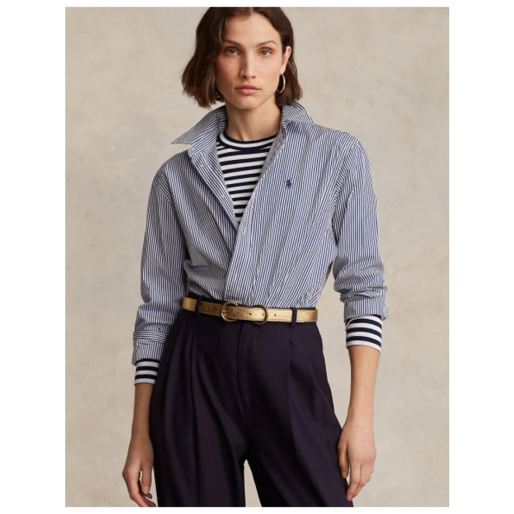 Polo Ralph Lauren Oversized Gestreepte Katoenen Poplin Blouse Blue Dames