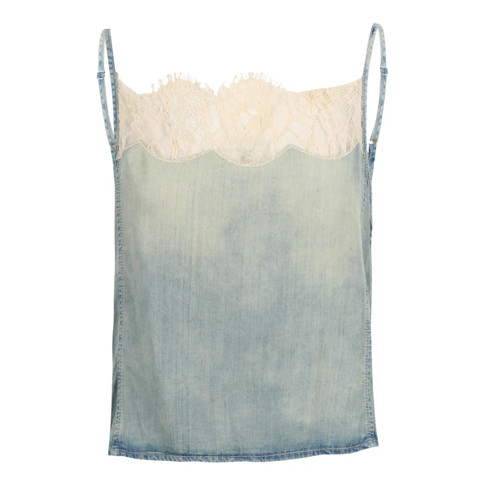 Diesel Women's Blue Sleeveless Tops, Xs, Vintage Denim Top With Lace