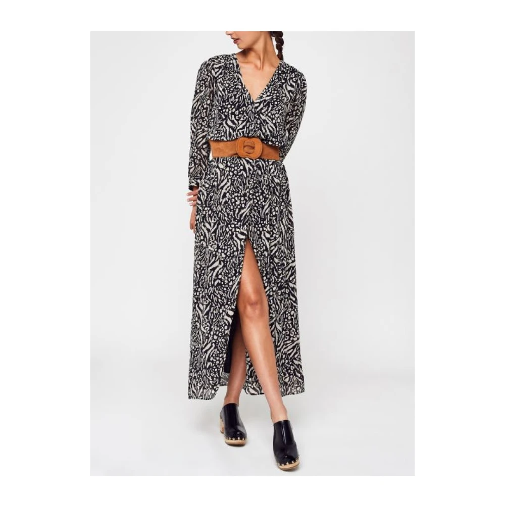 See u soon Gedrukte Lange Jurk V-Hals Glitter Black Dames