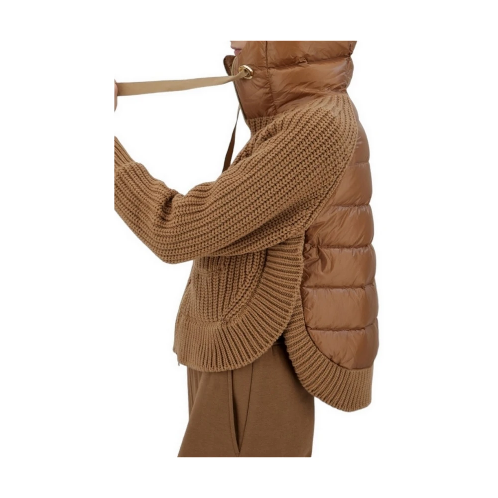 Herno Kameel Ribgebreide wollen jas met verendetails Brown Dames
