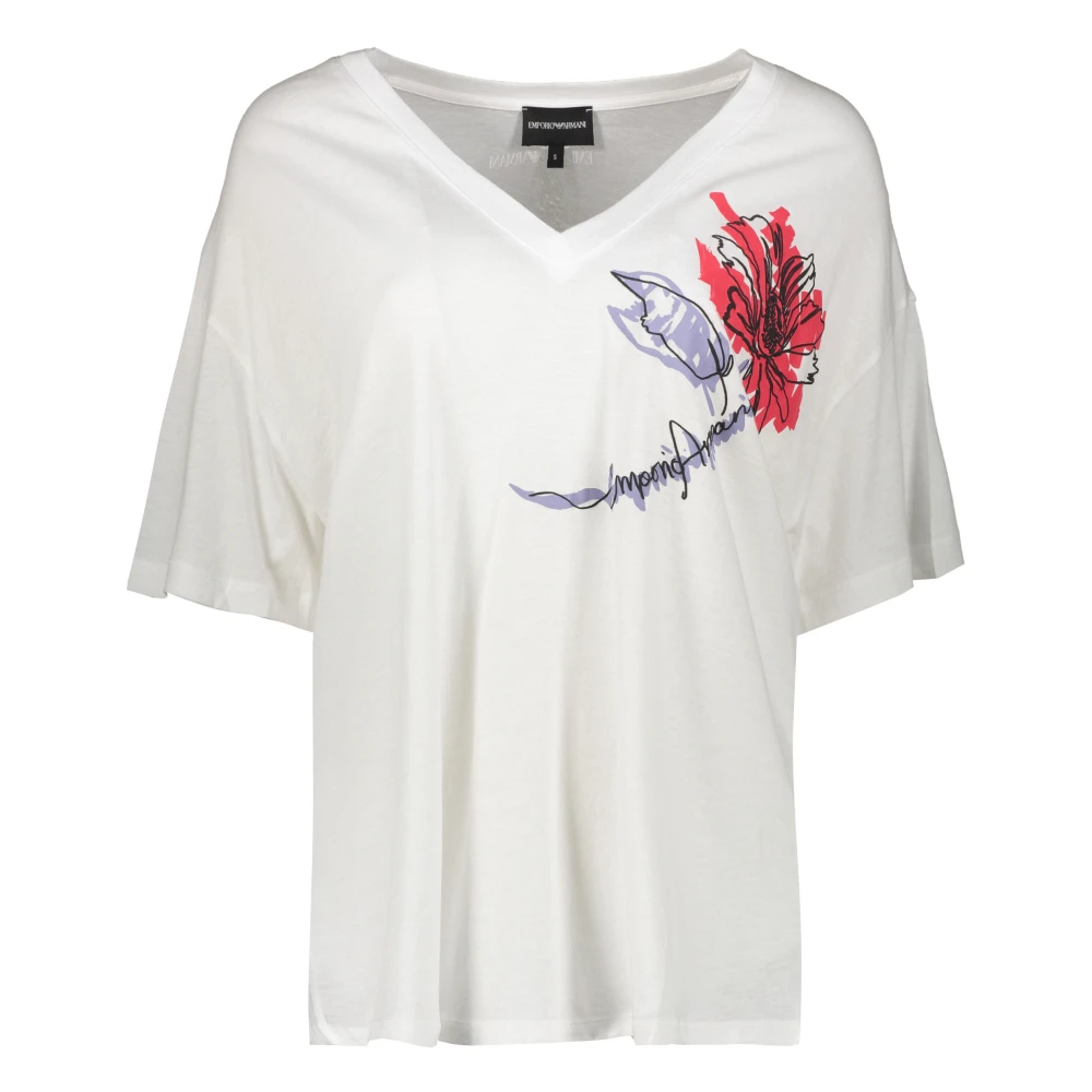 Emporio Armani Bloemenprint T-shirt met Logo op de Rug White Dames