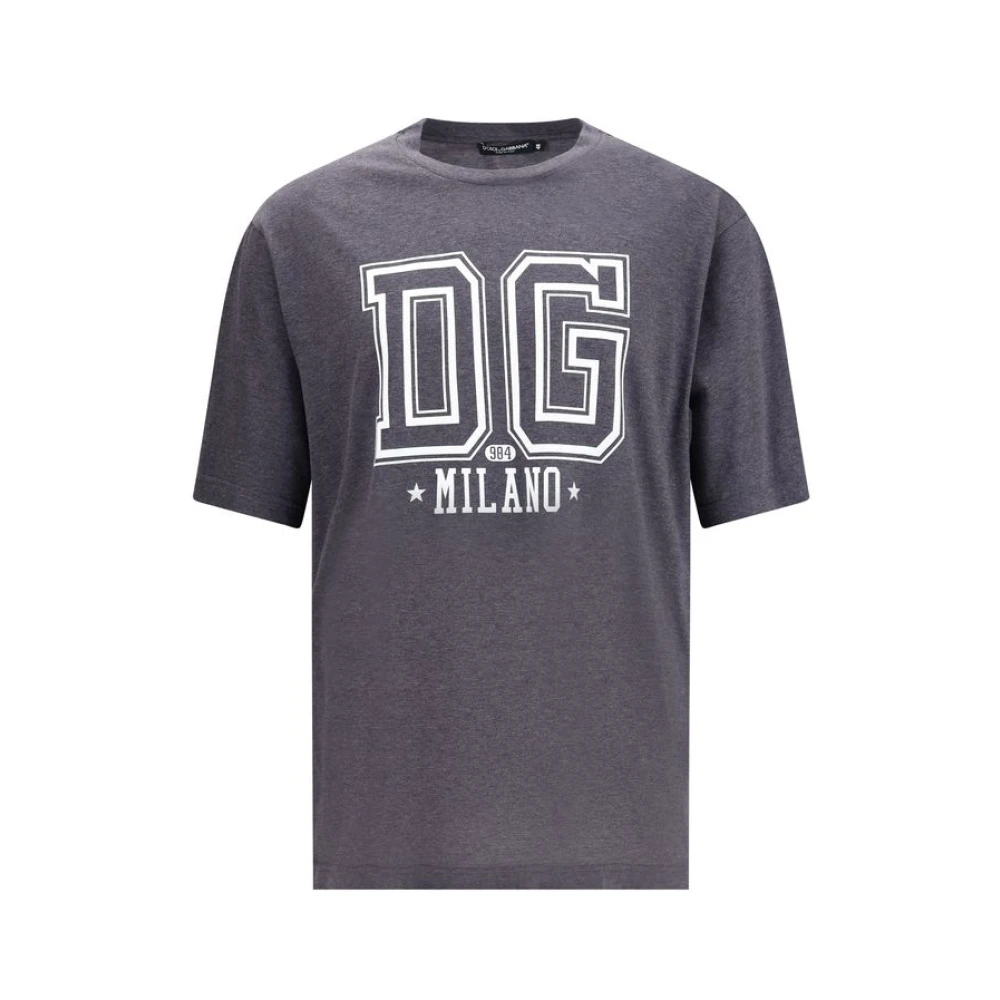 Dolce & Gabbana Men's Gray T-Shirts, M, Milano Logo Print Cotton T-Shirt