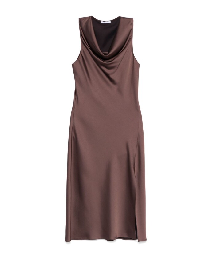 brown-side-slit-cowl-neck-dress