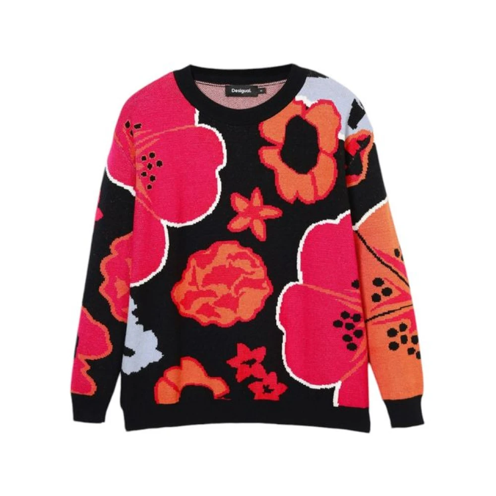 Desigual Black Floral Knit Pullover Jumper - Female - Round-Neck Knitwear - Multicolor - Xl - Knitwear - Image 4
