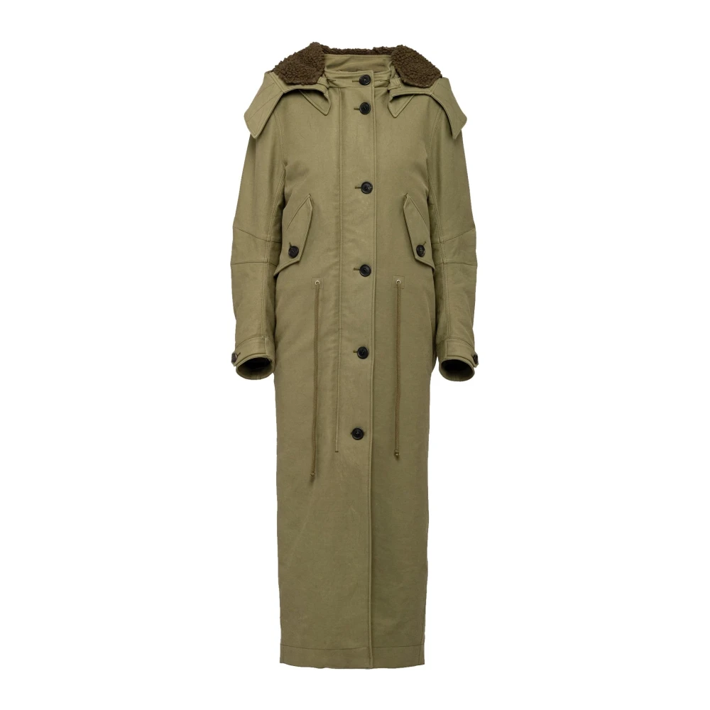 Prada Women's Green Single-Breasted Coats, M, Long Parka Coat With Detachable Hood