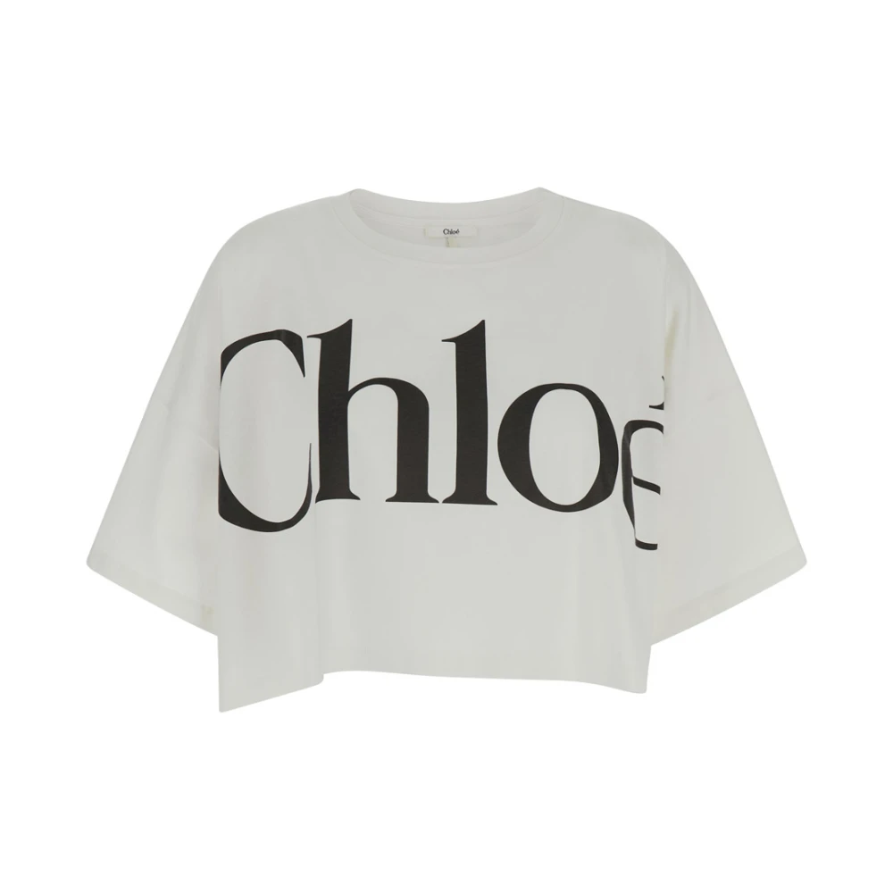 Chloé Women's White T-Shirts, M, Cropped Boxy Logo T-Shirt
