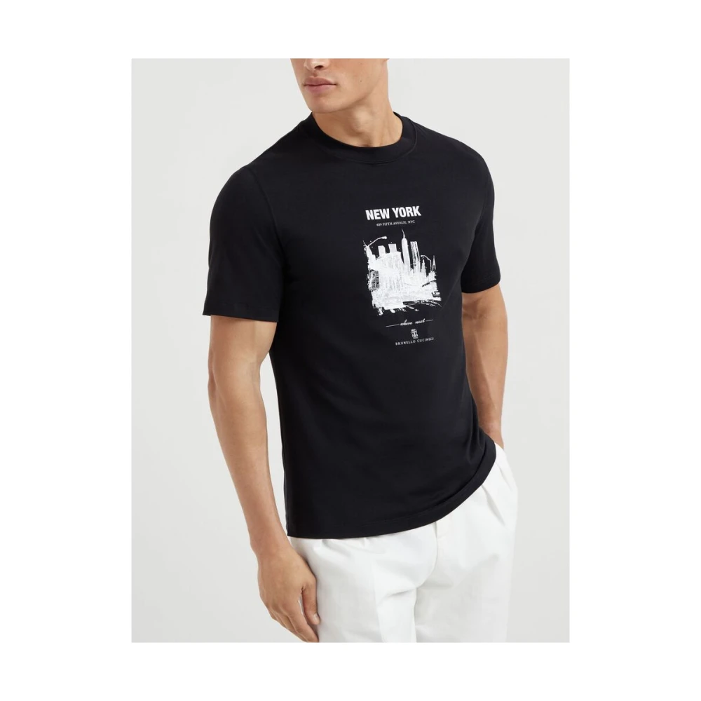 BRUNELLO CUCINELLI Zwart Grafisch Print Katoenen T-shirt Black Heren