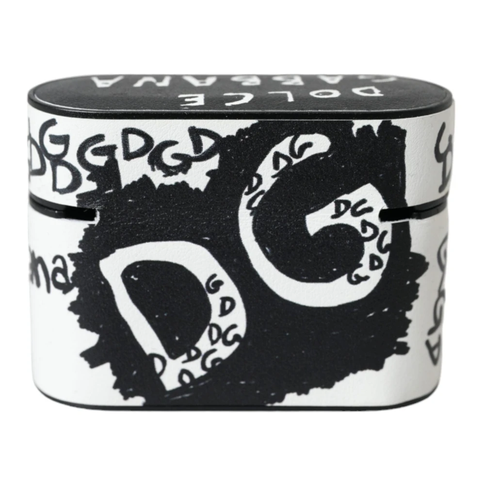 Dolce & Gabbana Zwart Wit Leren Scribble Airpods Hoesje Black Unisex