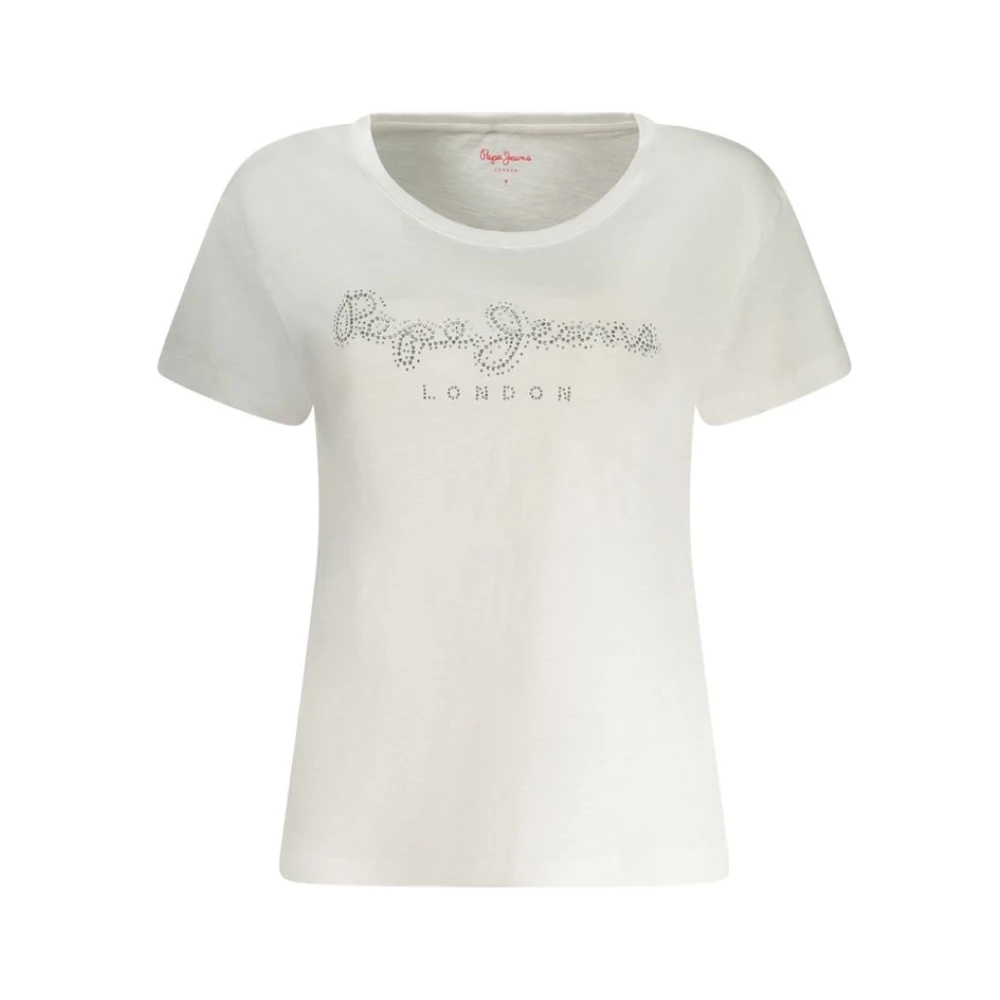 Pepe Jeans Rhinestone Wide Neck Cotton T-Shirt White Dames