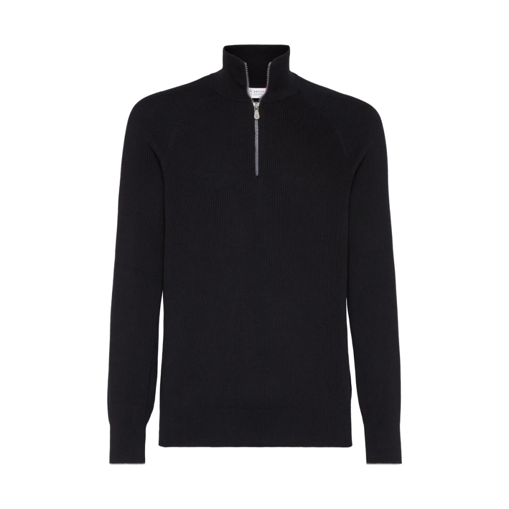 BRUNELLO CUCINELLI Zwarte Rits Hoge Hals Trui Black Heren