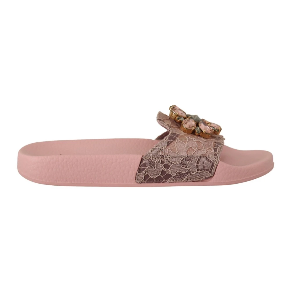 Dolce & Gabbana Women's Pink Lace Crystal Sandals Slides