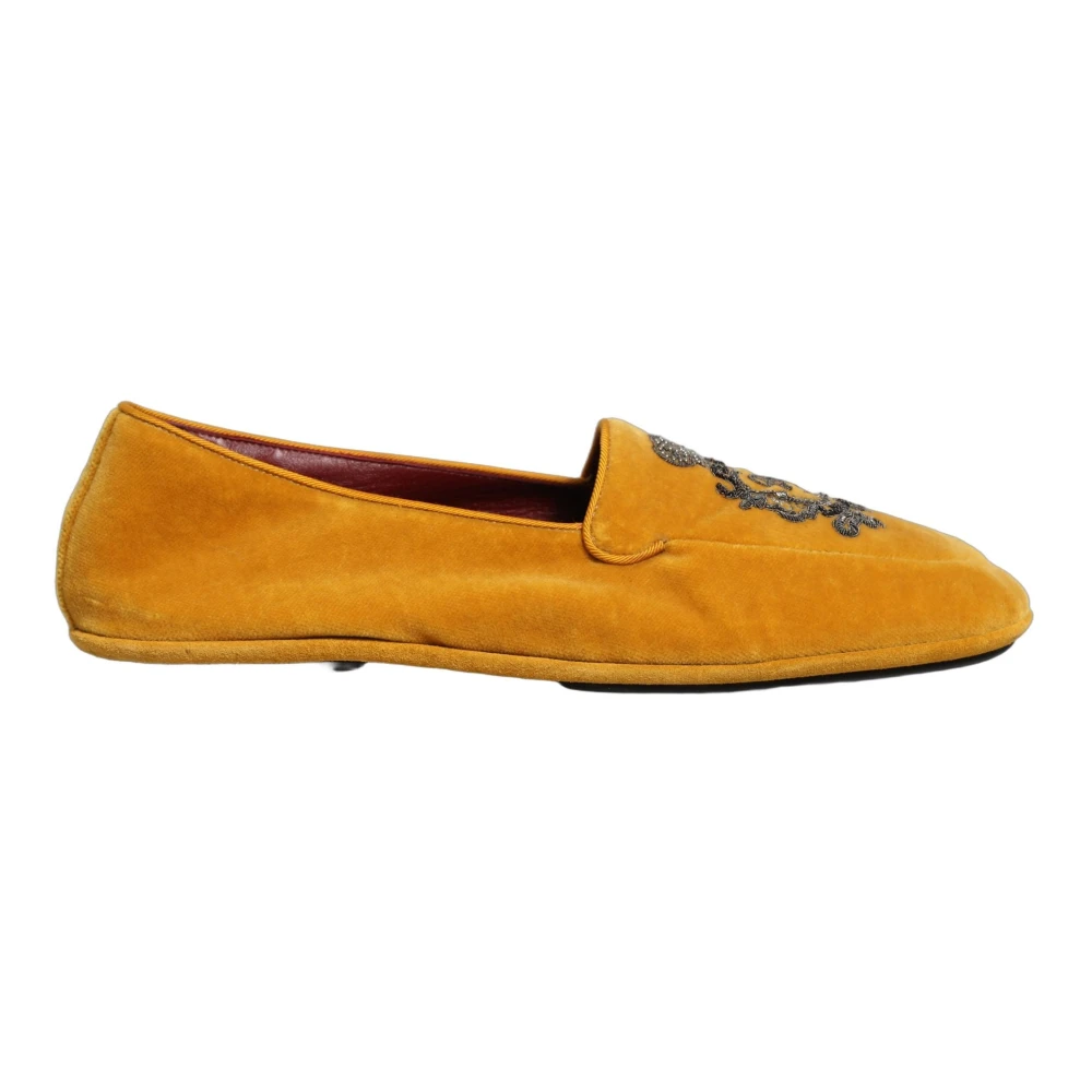 Dolce & Gabbana Mannelijk Geel Schoenen Heren, 44 Eu, Leer, Velvet Slippers With Crown Embroidery