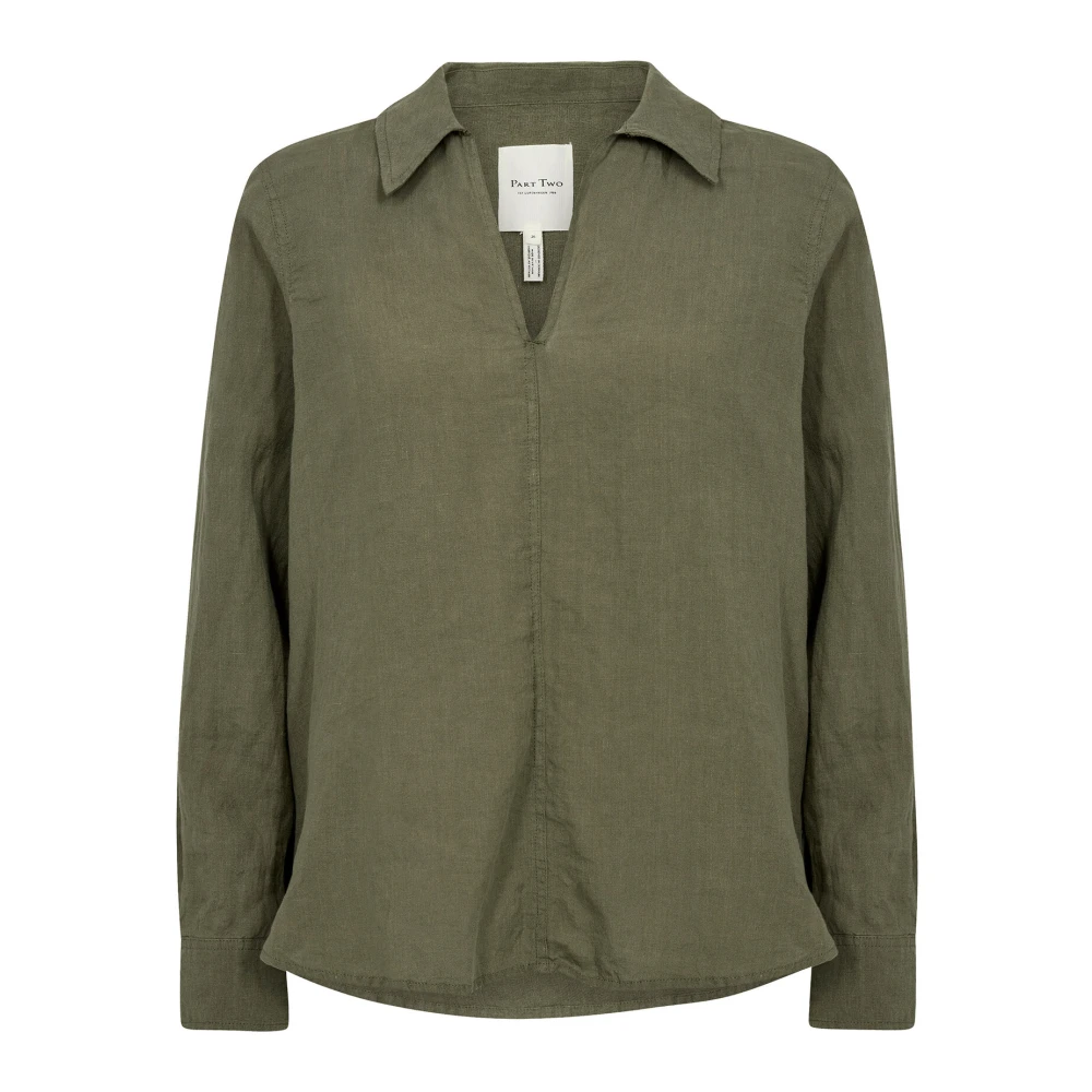 Part Two Linnen blouse met V-hals Green Dames
