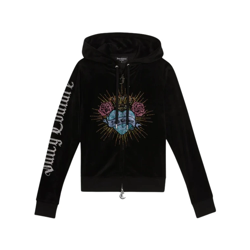 Juicy Couture Svart Sammet Dragkedja Hoodie med Gotiska Detaljer Black, Dam