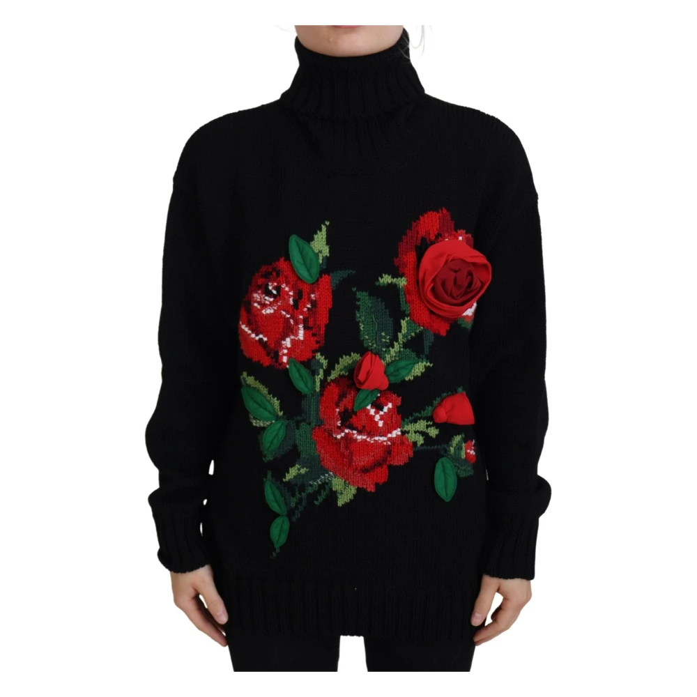 Dolce & Gabbana Zwarte Coltrui Rode Rozen Trui Black Dames