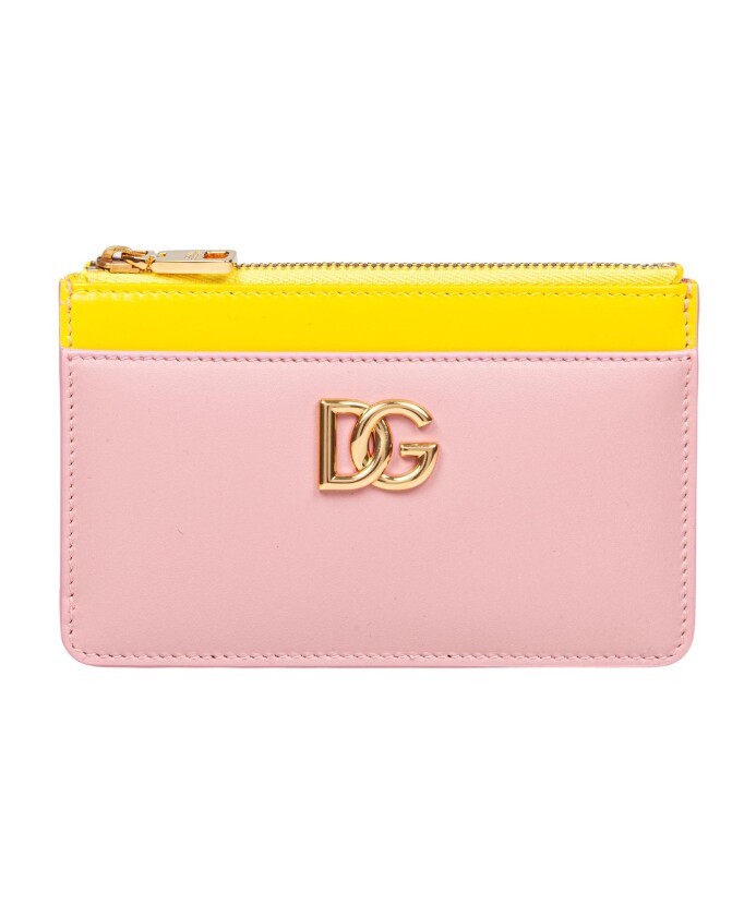 porte-cartes-en-cuir-rose-jaune-logo-metallique