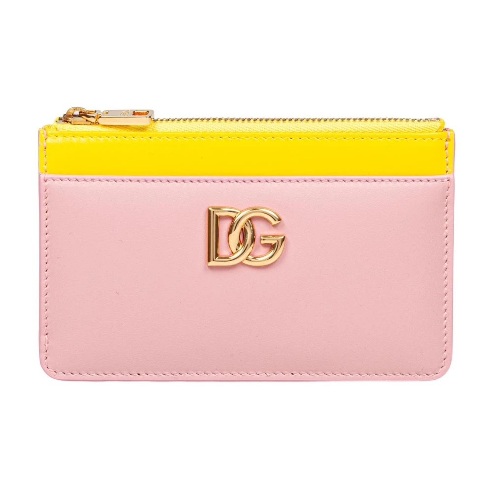 Dolce & Gabbana Roze Geel Leren Kaarthouder Metalen Logo Pink Dames