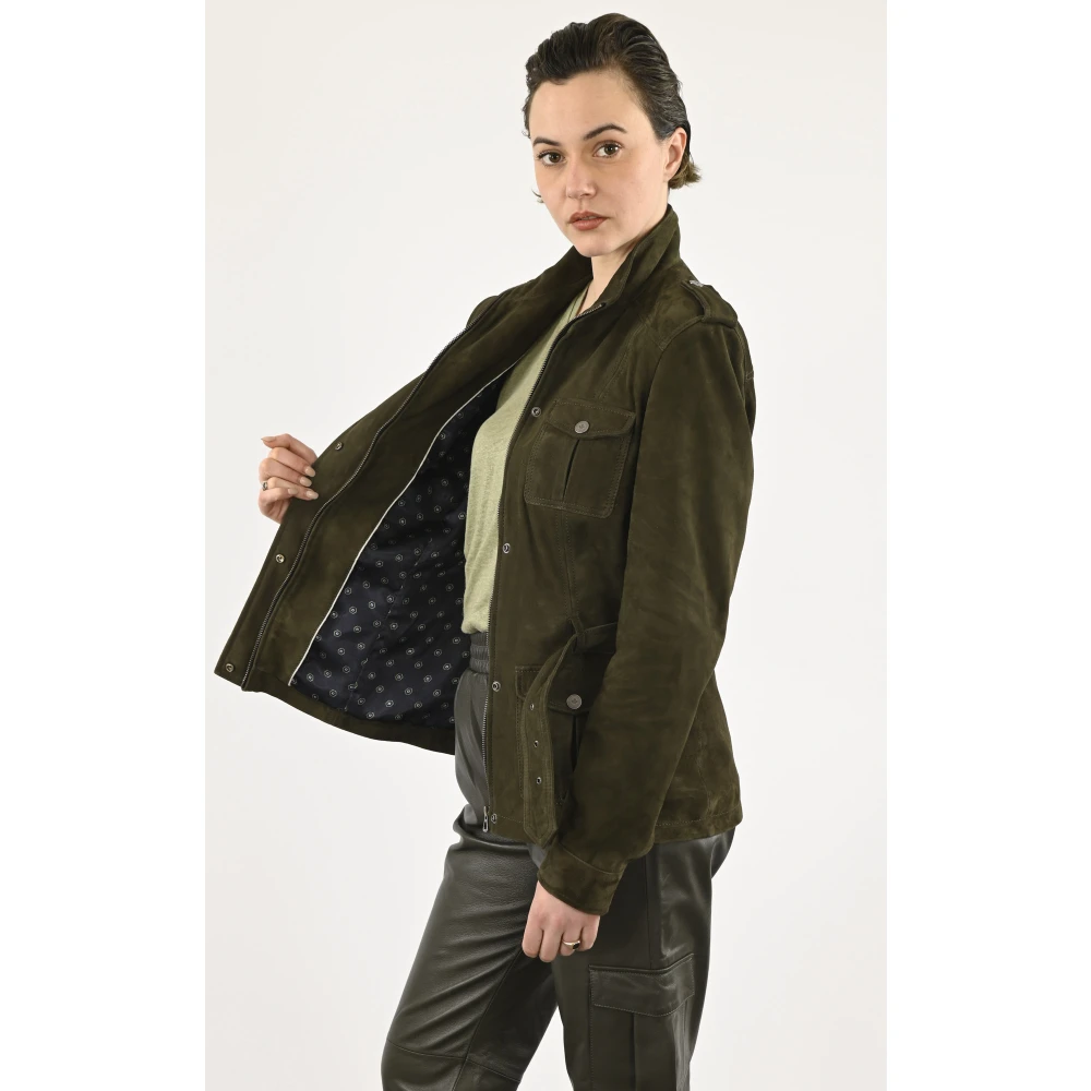 La Canadienne Fluweel khaki leren safari jas Green Dames