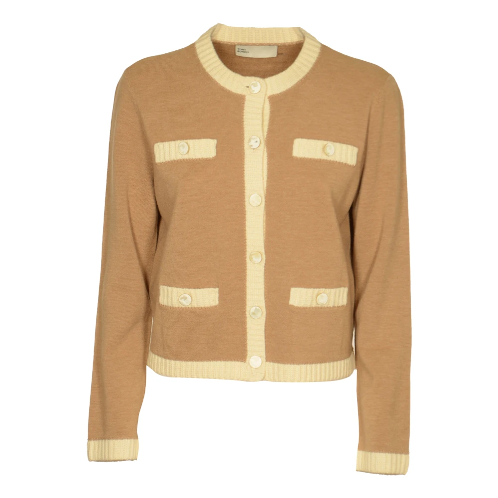 TORY BURCH Chunky Wool Trim Cardigan Sweaters Brown Dames