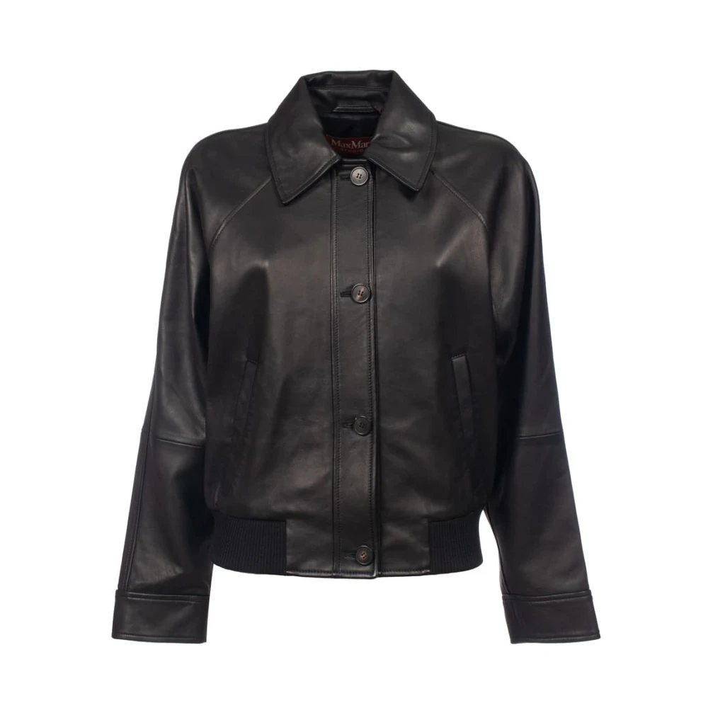 Max Mara Studio Boxy Fit Leren Jas met Klassieke Kraag Black Dames