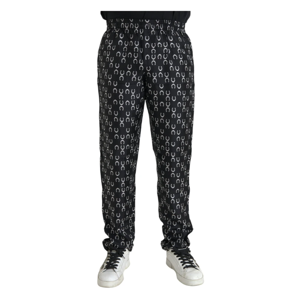 Dolce & Gabbana Men's Black Silk Horseshoe Print Trousers - Sweatpants - M - Trousers