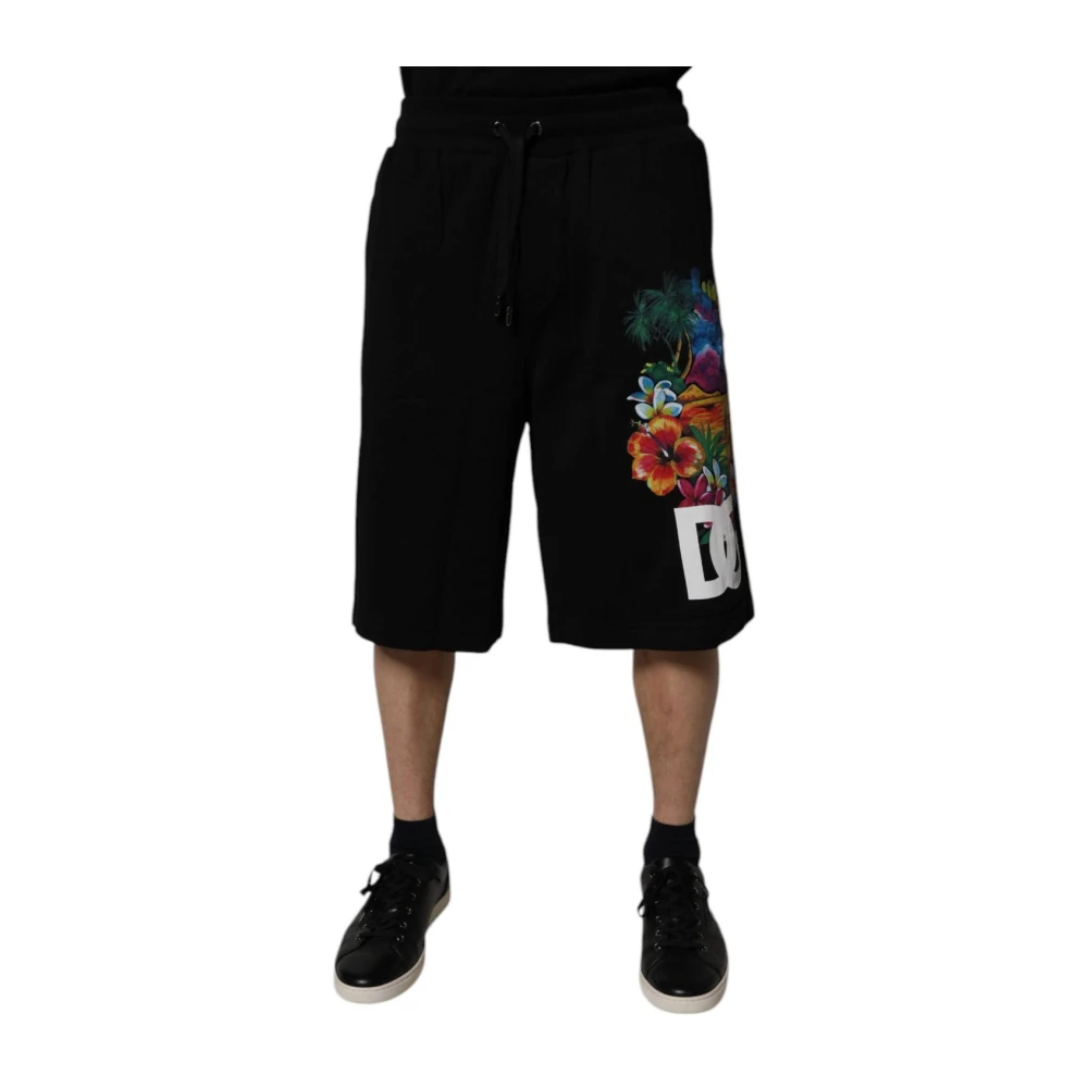 Dolce & Gabbana Men's Black Casual Shorts, 3XL, Logo Floral Print Bermuda Shorts