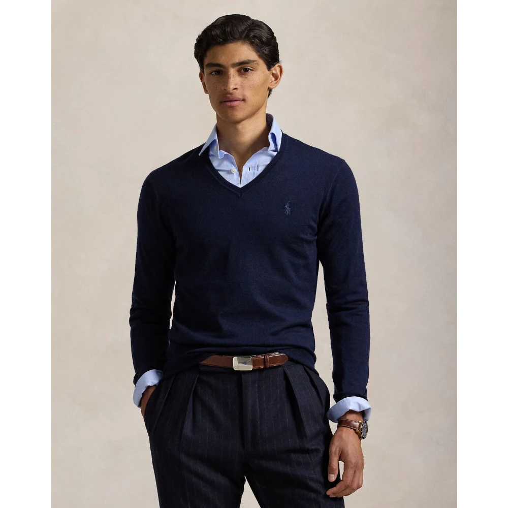 Polo Ralph Lauren Slim-Fit Wasbare Wollen V-Hals Trui Blue Heren