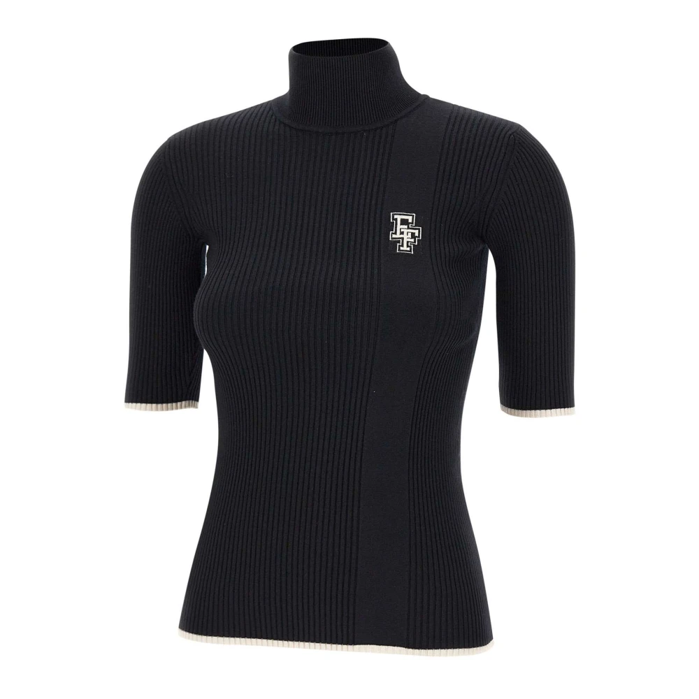 Elisabetta Franchi Zwarte Geribbelde Coltrui Trui Black Dames