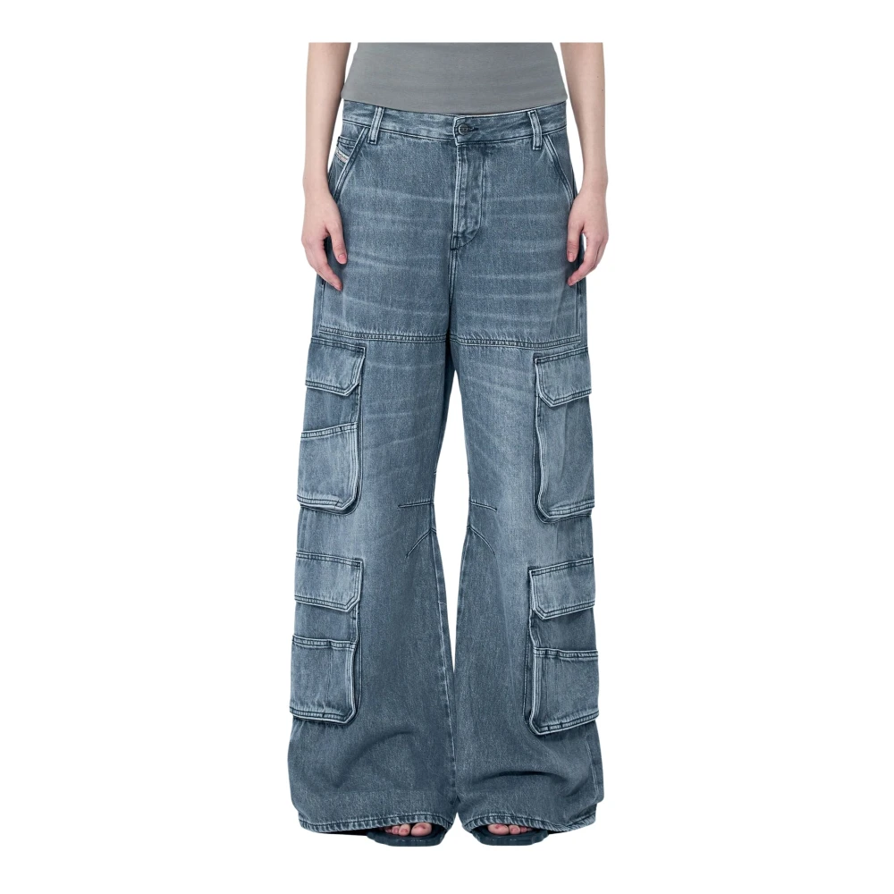 Diesel Wijde Cargo Jeans met Logo Print Gray Dames