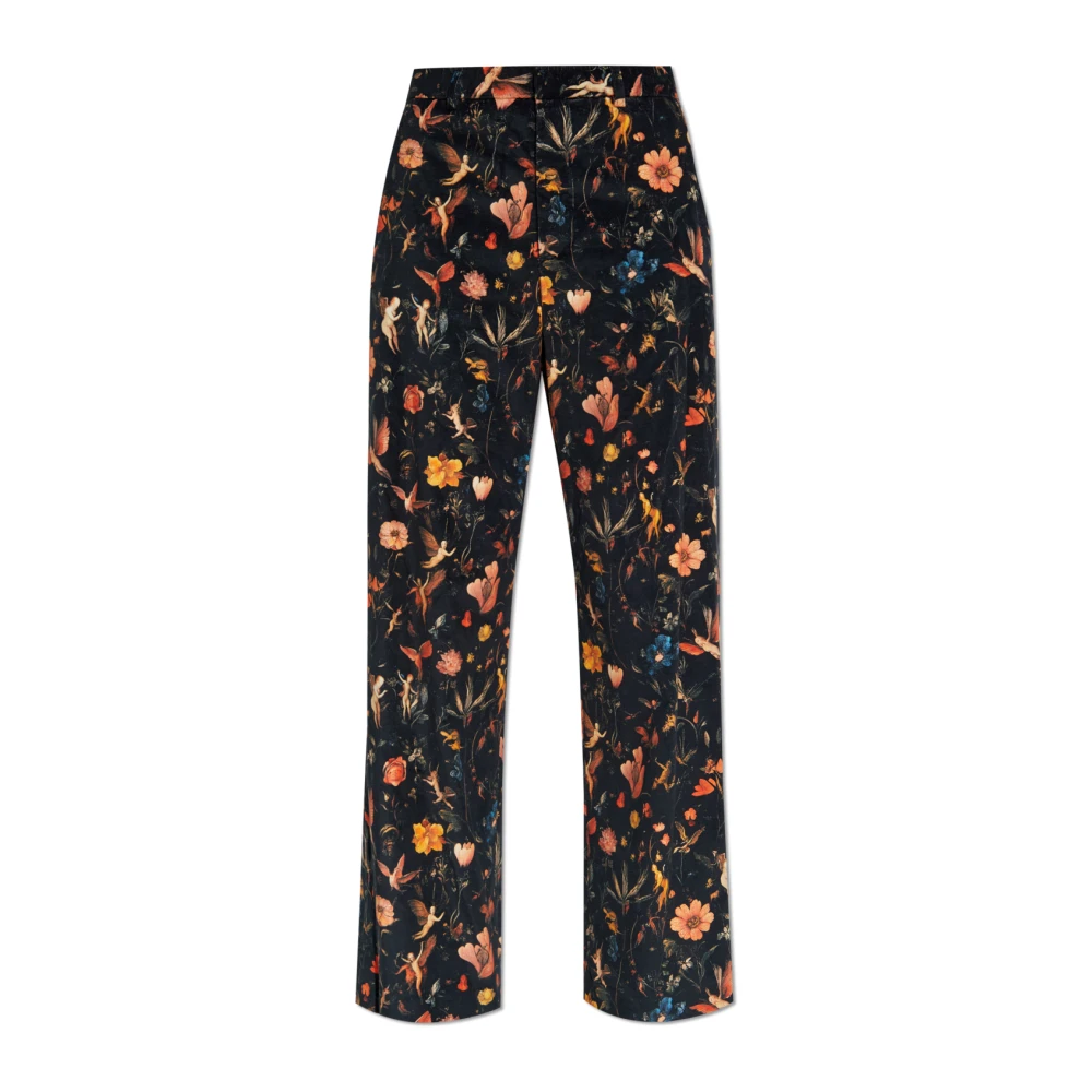 R13 Kvinno Svart Byxor Dam, W27, Bomull, Sammetbyxor Med Blommotiv