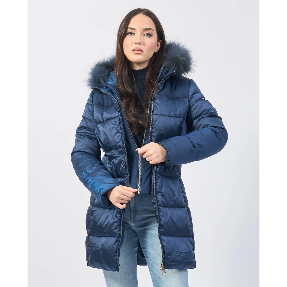 YES ZEE Blauwe gewatteerde jas met nepbont Blue Dames