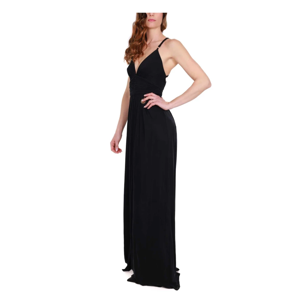 Elisabetta Franchi Zwarte Jersey Lange Jurk Dunne Bandjes Black Dames