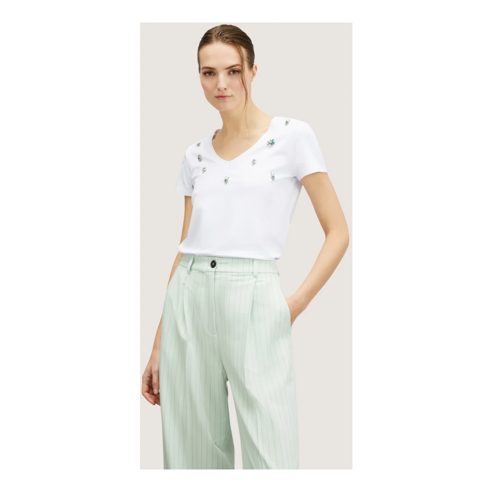 Motivi V-hals T-shirt met steenborduursel White Dames