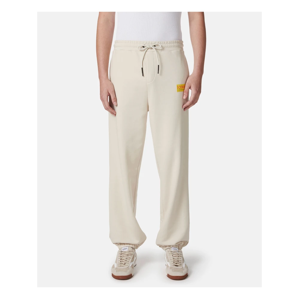 Iceberg Katoenen fleece broek in stoffig wit Beige Heren
