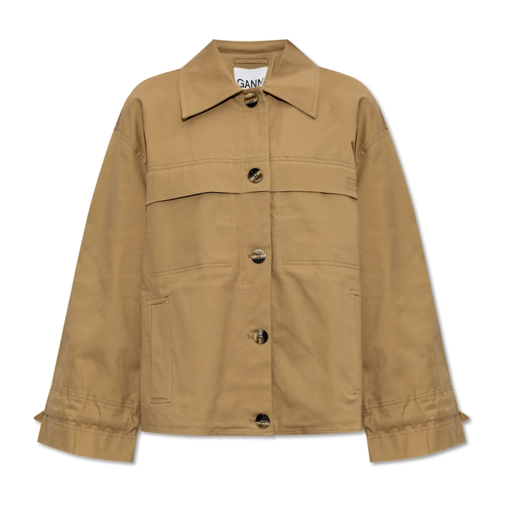 Ganni Katoenen jas met logo Beige Dames