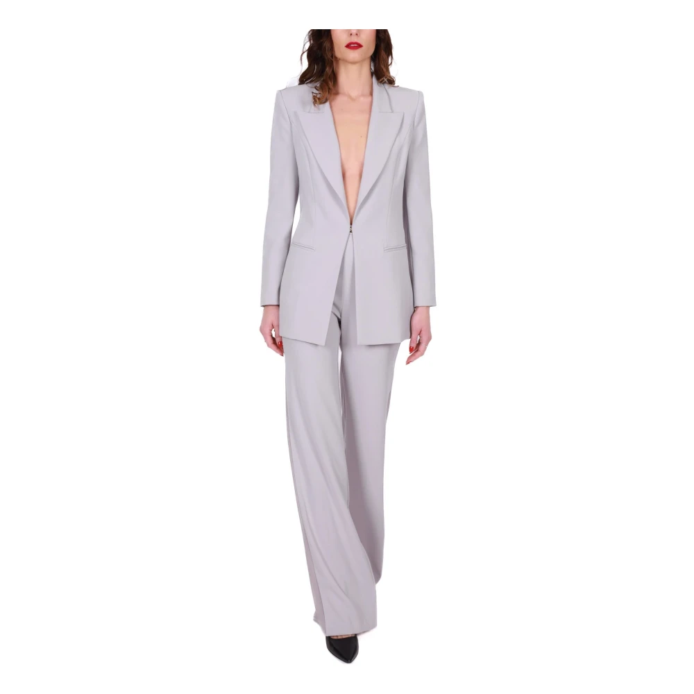 Elisabetta Franchi Elegant Crêpe Pak met Lange Jas en Wijde Broek Gray Dames