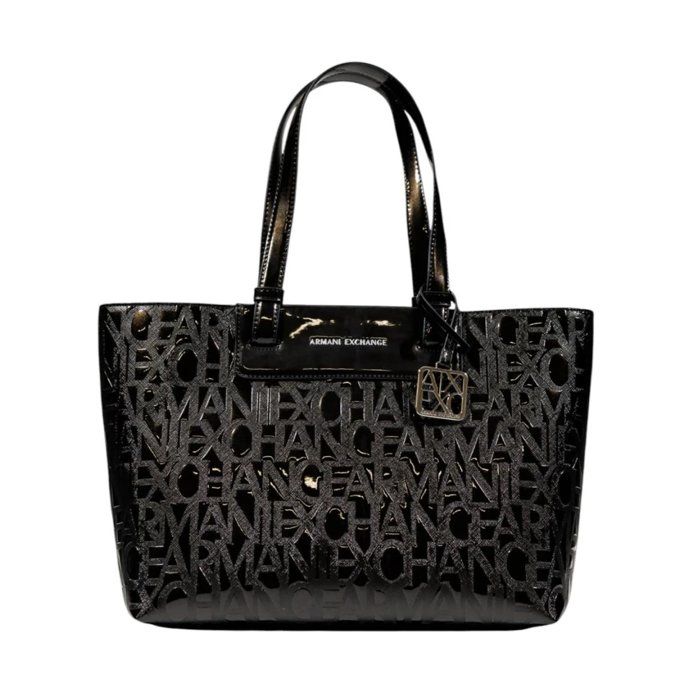 Armani Exchange Women's Black Shopping Bags, One Size, Chic Printed Handbag With Inside Pockets