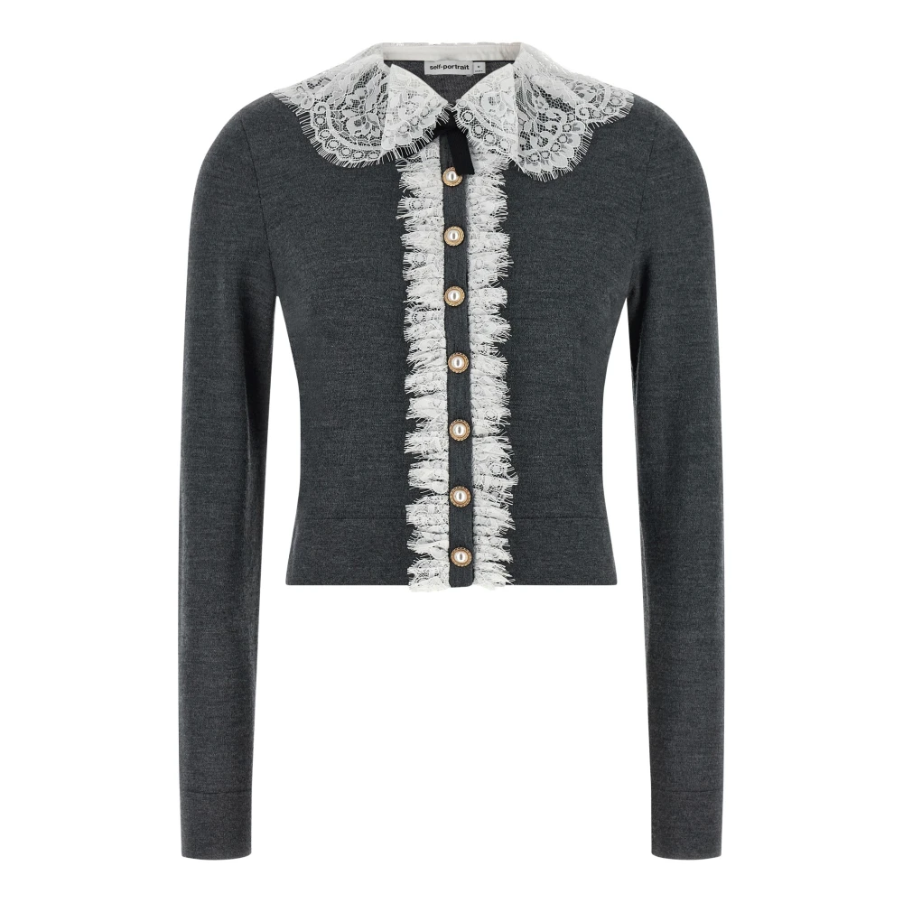 Self Portrait Women's Gray Cardigans, S, Lace Collar Knit Cardigan