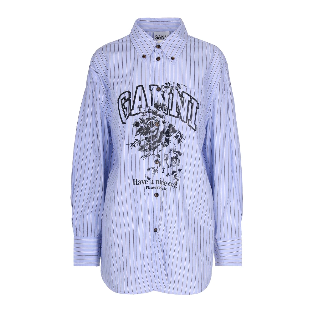 Ganni Women's Blue Shirts, Xs, Camicia Stripe Logo Shirt