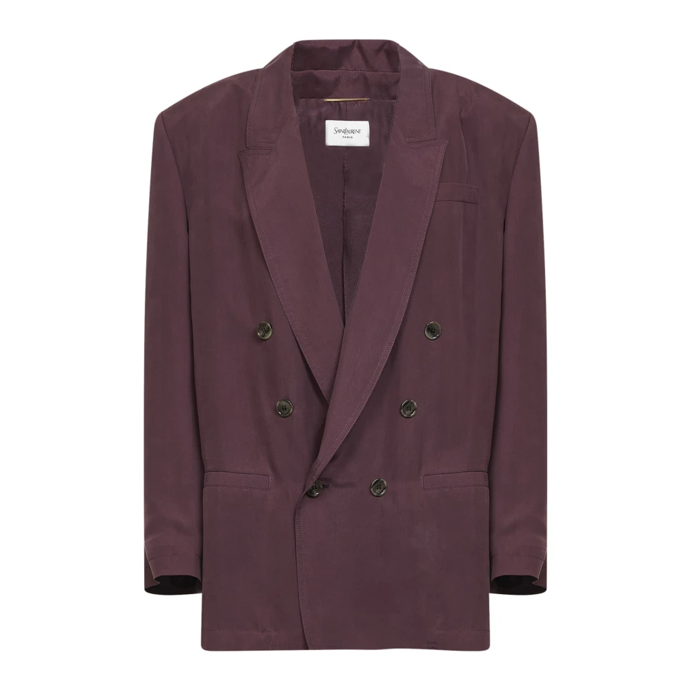 Saint Laurent Women's Purple Blazers, S, Double-Breasted Jacket In Silk Habotai
