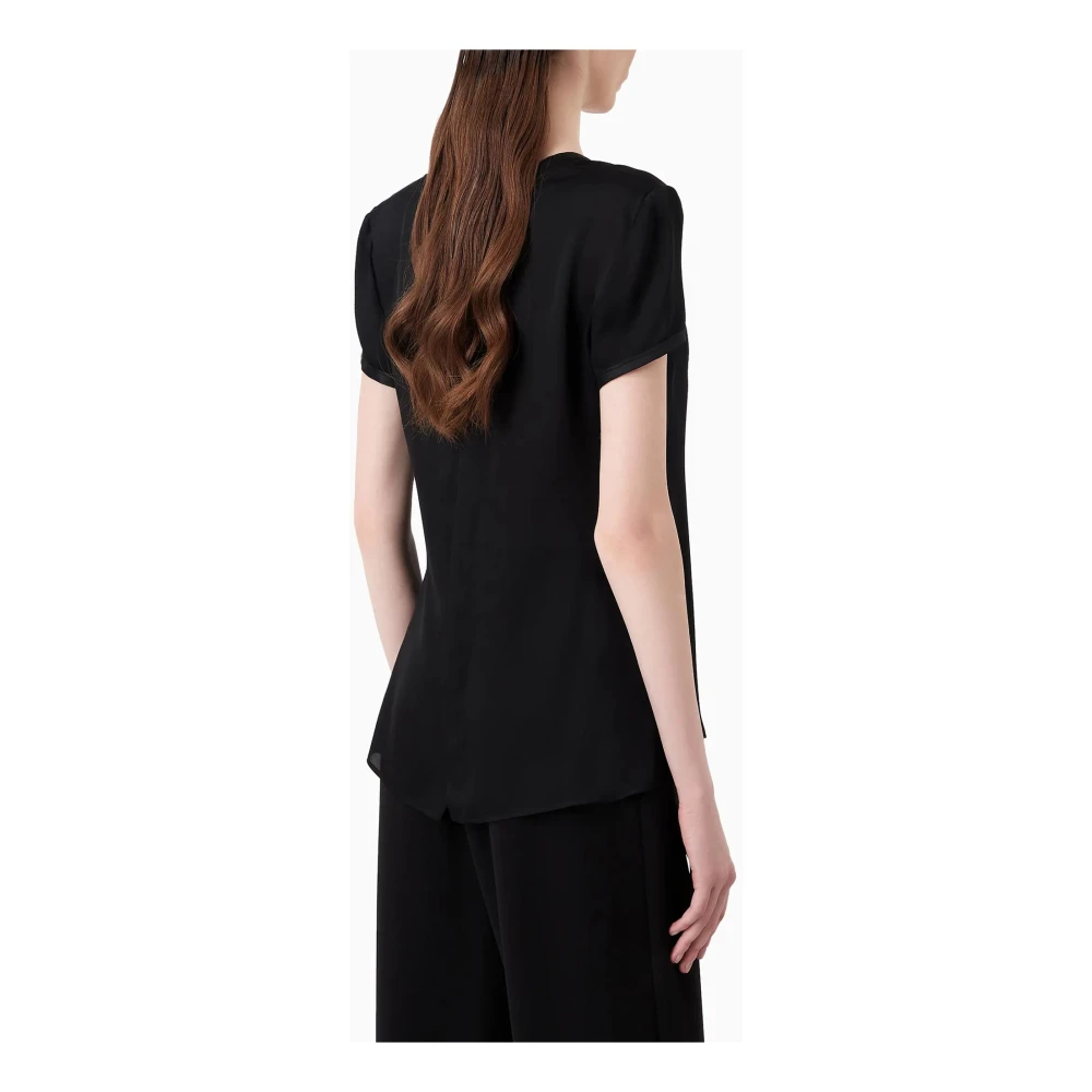 Giorgio Armani Zwarte Zijden Crepe Blouse V-Hals Korte Mouw Black Dames