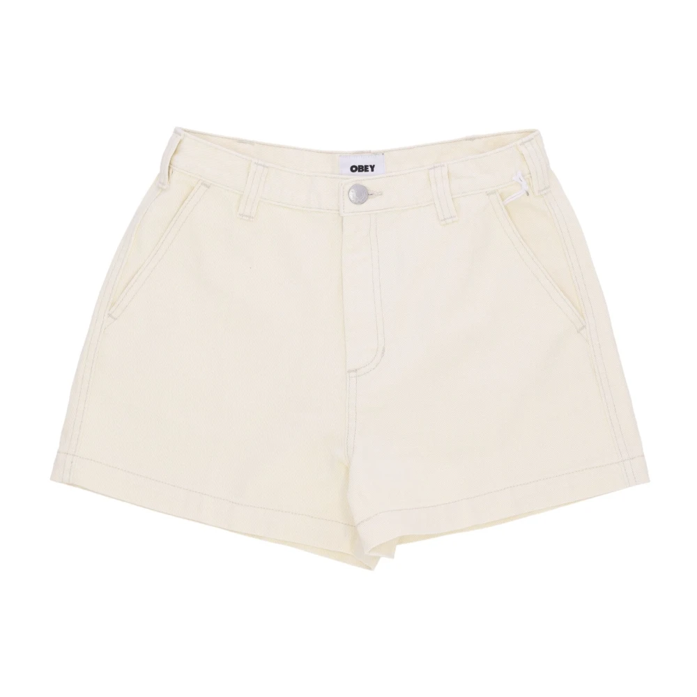 Obey Denim Shorts met Logoed Taille Sluiting Beige Dames