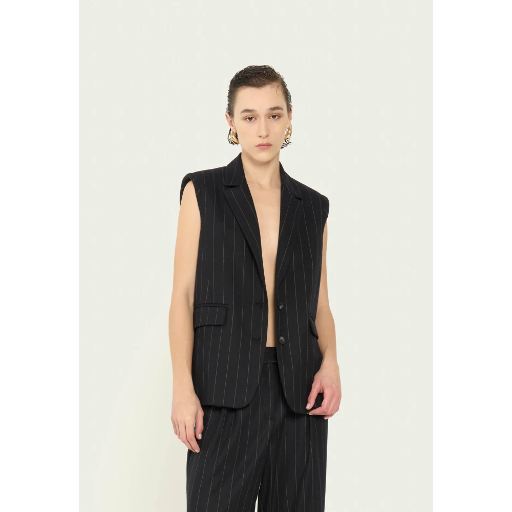 Vicario Cinque Maxi vest in gestreepte stretchflanel met revers en zakken Velia Blue Dames