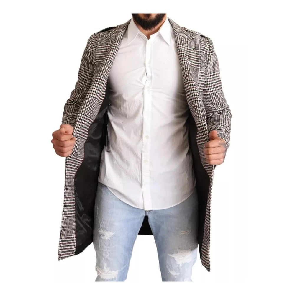 Dolce & Gabbana Grijze Geruite Trenchcoat met Zakken Gray Heren