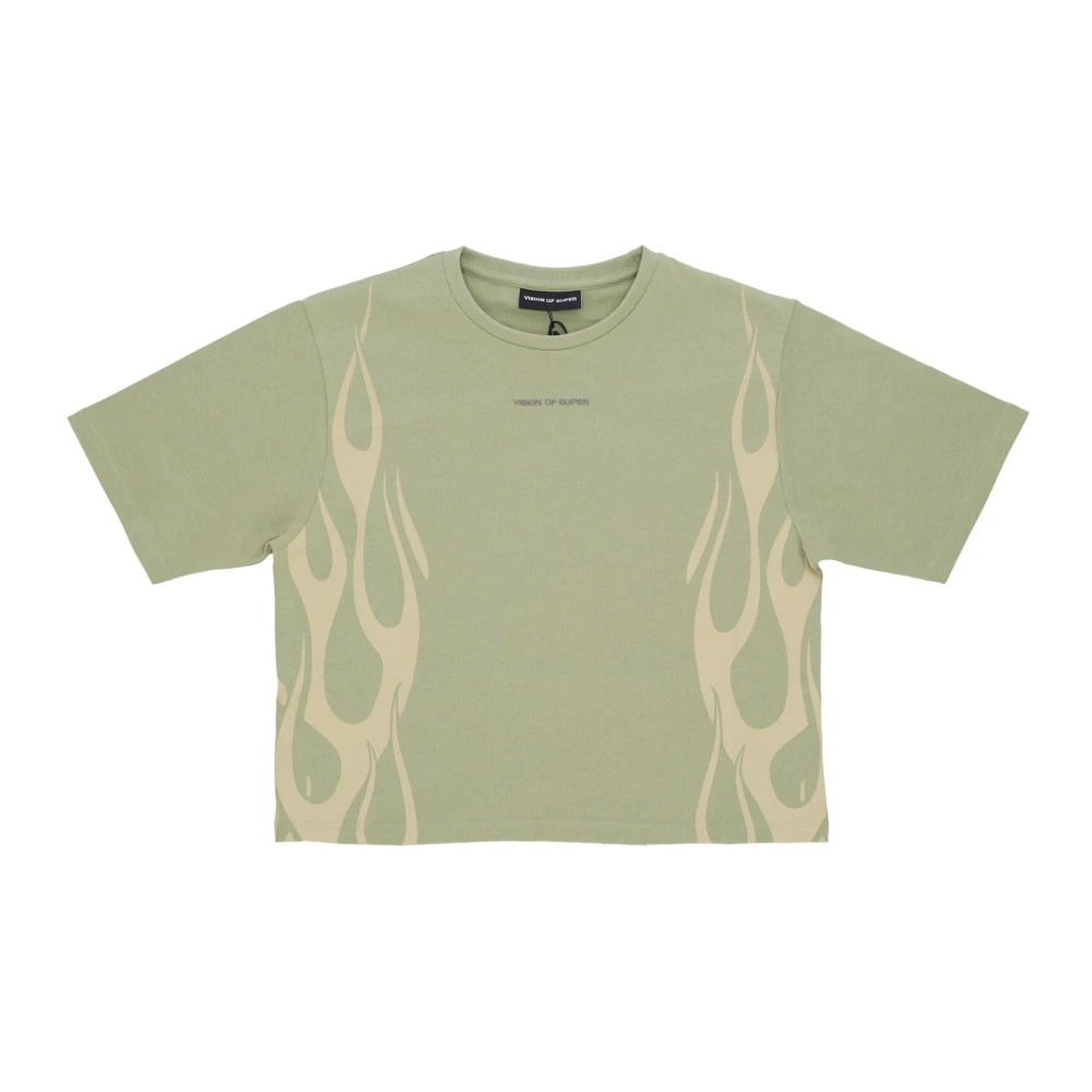 Vision Of Super Women's Green T-Shirts, M, Flames Tee /Off White