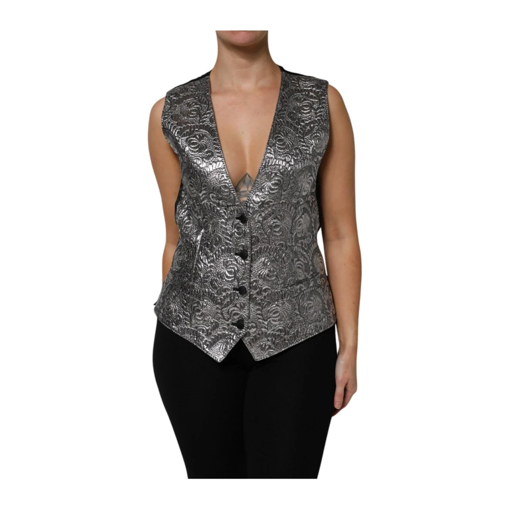 Dolce & Gabbana Women's Gray Silver Floral Jacquard Sleeveless Vest - Waistcoats - S- Jackets